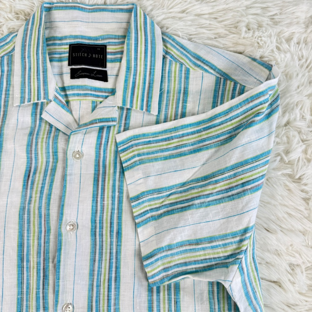 Stitch Note European Linen Striped Short Sleeve Button Up Shirt Men's Medium